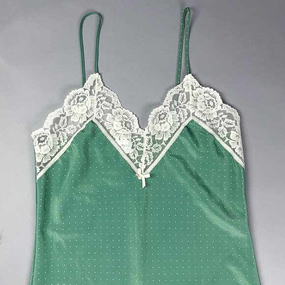 Polka Dot Slip, 90s Sage Green Dotted White with White Lace and Adjustable Strap - Picture 4 of 9